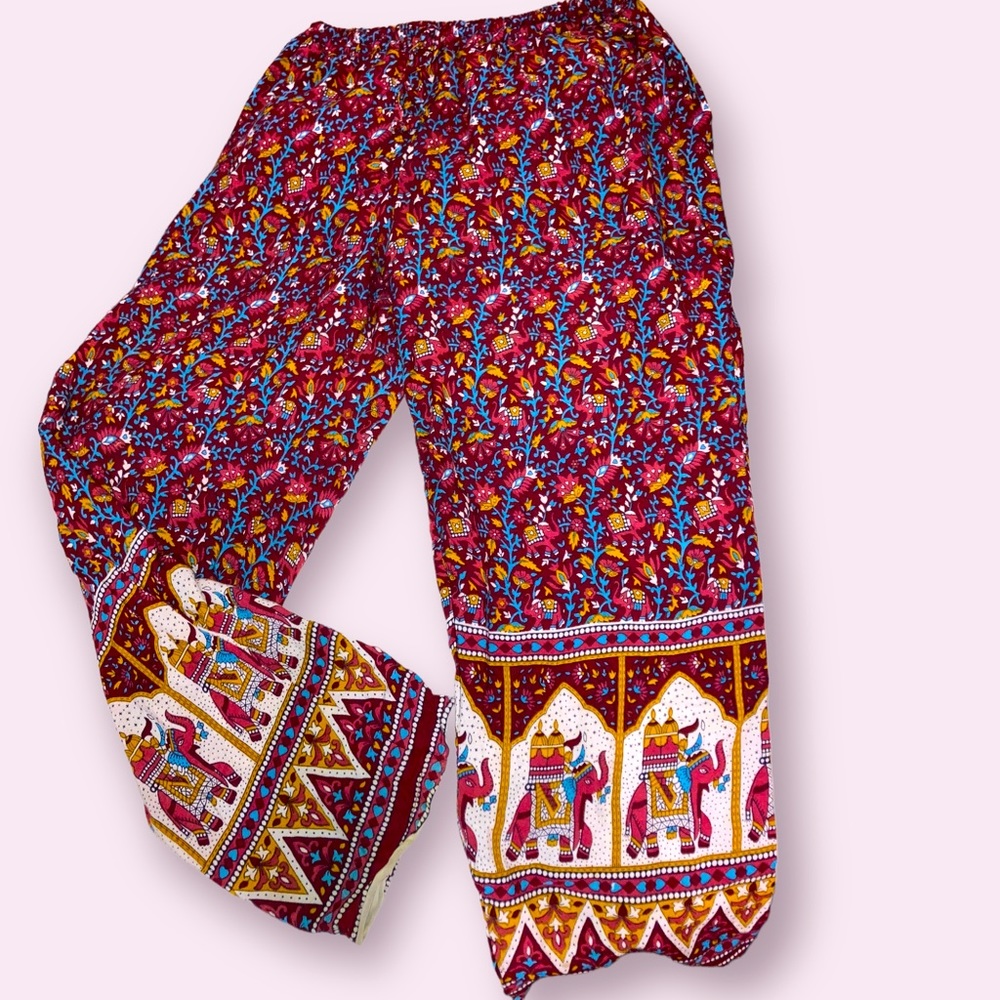 Red festival pants with elephant trim - one size